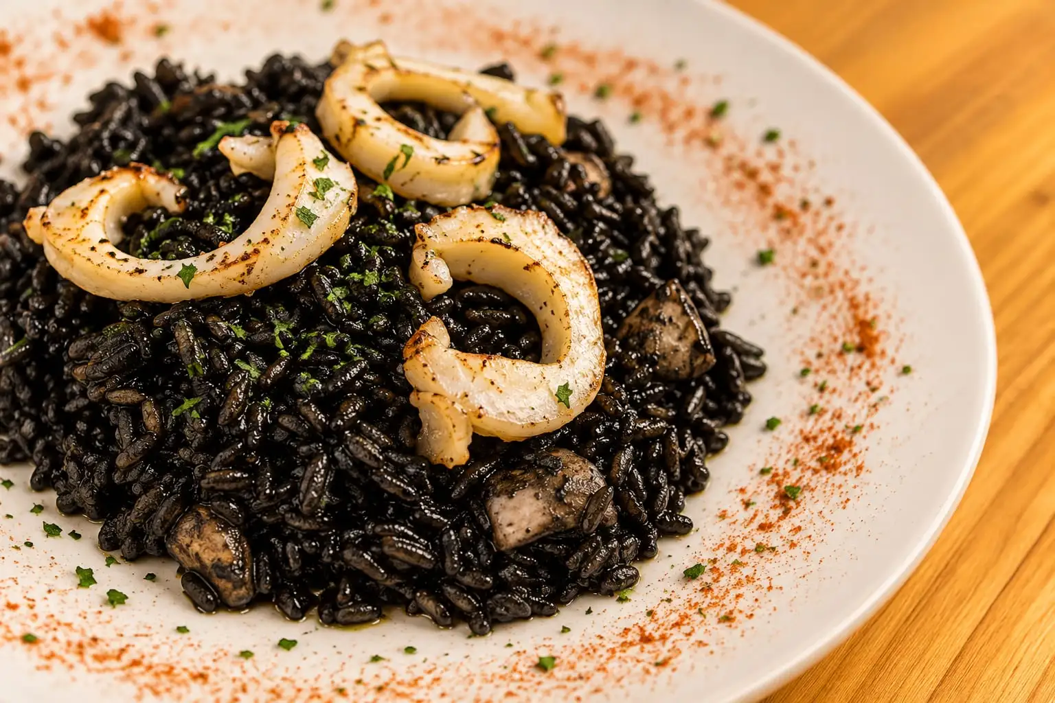 Plate of black rice with grilled squid rings on top and chopped parsley.