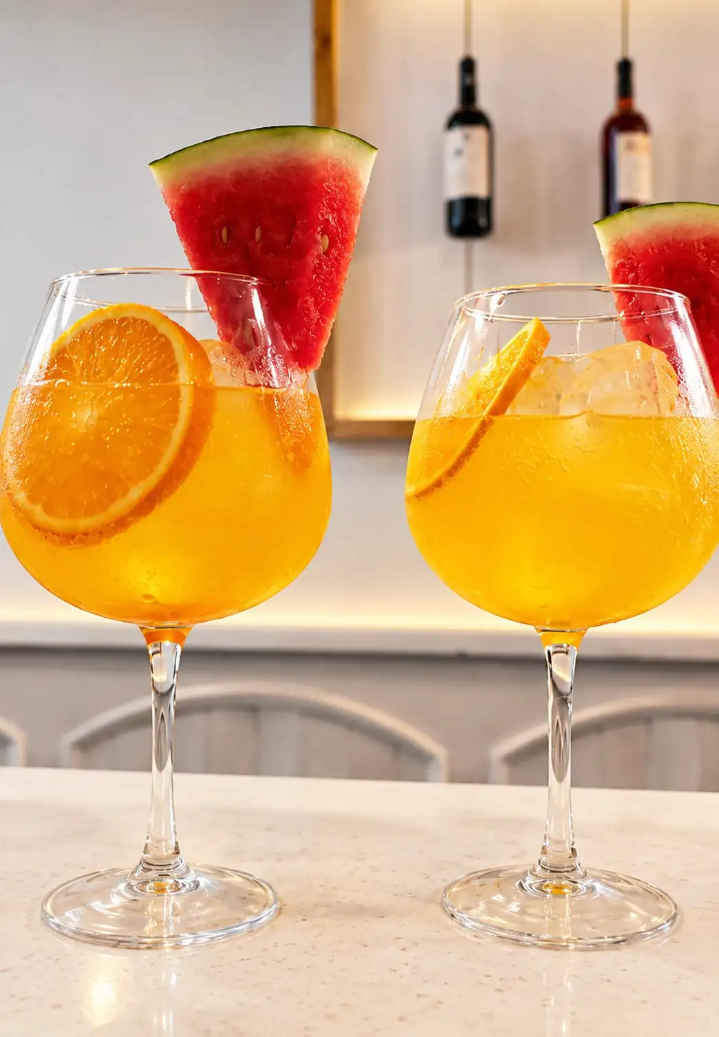 Two balloon glasses of orange drink with ice, garnished with a slice of orange and a wedge of watermelon, on the bar counter.