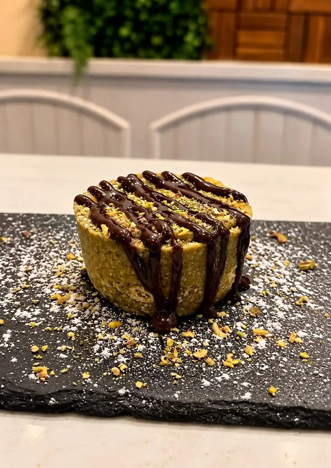 Pistachio dessert with chocolate on top, served on a slate with chopped pistachio and icing sugar around it.